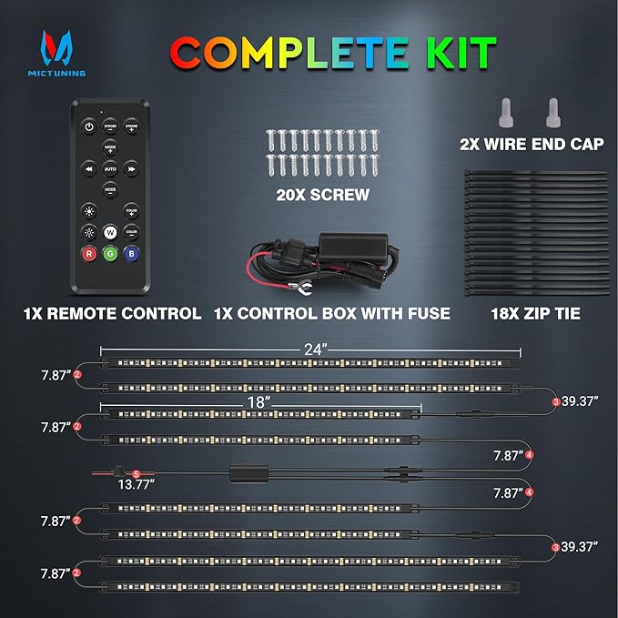 MICTUNING 8Pcs N8+ Chasing Color RGB+IC Underglow Neon Accent Strip Lights, 12V Multi DreamColor Music Soundsync Exterior Underbody Lights for Car, Wireless App & Remote Control, 2 Years Warranty