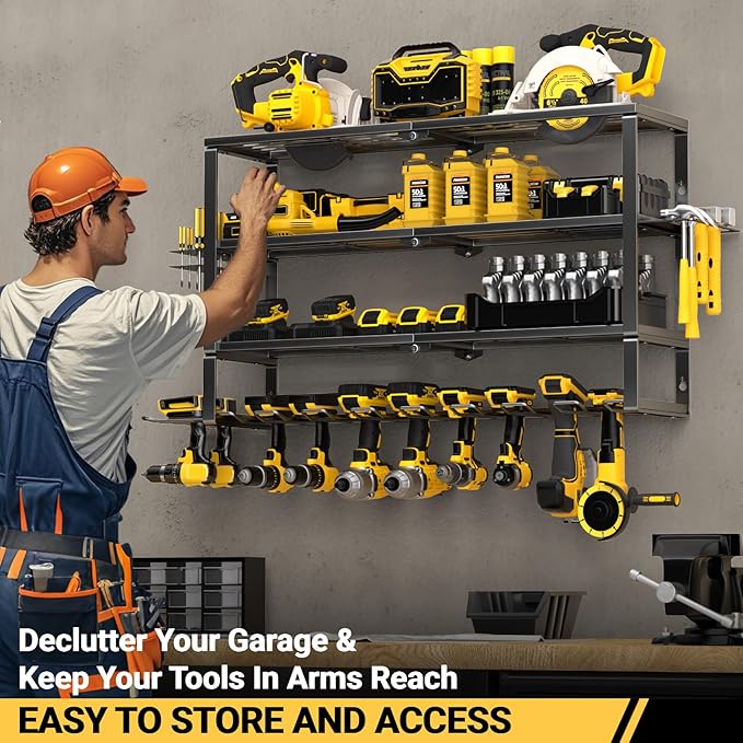 YYR Large Power Tool Organizer Wall Mount, Heavy Duty Metal Cordless Drill Storage Rack with Battery Charging Station Shelf, Utility Racks for Garage Organization, 4 Layer 10 Drills Holder Extra Tall