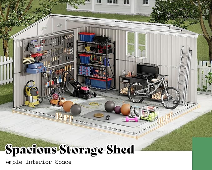 AMERLIFE 10x12x7 FT Galvanized Steel Storage Shed with Dual Transparent Panels, 2 4-Pane Windows & Hinged Double Doors, Outdoor Shed for Backyard, Garden, Patio, Dark Grey/White