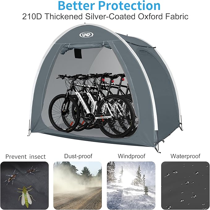 UNP Bike Storage Shed Tent, Portable Outdoor Bike Storage Tent with 210D Oxford Thick PU4000 Waterproof for 1/2/3/4 Bikes, Bike Covers Storage Shed Tent for Bicycles, Lawn Mower, Garden Tools
