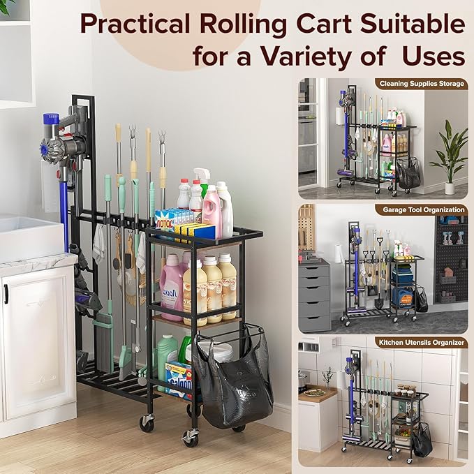 Cleaning Utility Cart on Wheels, Multifunctional Cleaning Tools Supplies Organizer with Broom and Mop Holder, Vacuum Stand Compatible with Dyson, Rolling Storage Caddy Cart for Home