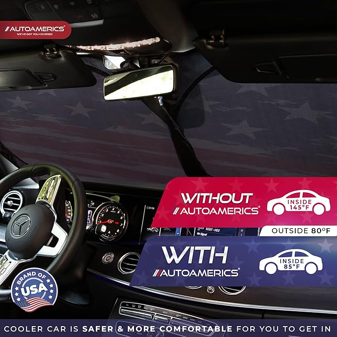Autoamerics 1-Piece Windshield Sun Shade USA Art Flag - 2 American Design - Foldable Car Front Window Sunshade for Most Sedans SUV Truck - Blocks Max UV Rays and Keeps Your Vehicle Cool - Large