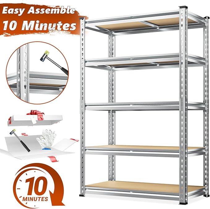 REIBII Garage Shelving, 5 Tier Storage Shelves Load 2020LBS, Adjustable Garage Shelves Heavy Duty, Metal Shelving Unit with Waterproof Columns for Warehouse, 35.5" W x 11.9" D x 72" H, Galvanized