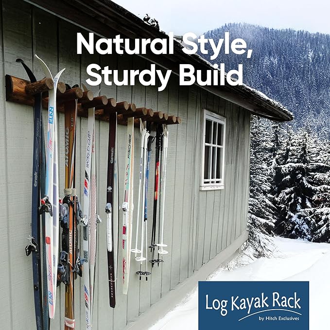 14-Place Log Ski Rack Wall Mount, Indoor Ski Storage Rack for Garage Organizers, Wooden Skis Wall Mount Storage Racks, Pole Skis Sports Racks, Garage Organization Walls - Canyon Brown