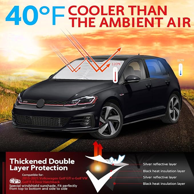 KAYZT Windshield Sun Shade for 2015-2021 Volkswagen Golf GTI e-Golf VW Golf R 4Door Hatchback Foldable Sunshade Front Window Custom Fit Car Accessories