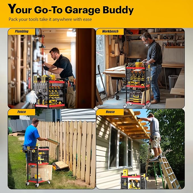 Power Tool Organizer Cart, Garage Tool Storage, Heavy Duty 4 Tier Floor Standing Rolling Shelf with Wheels, Mobile Workbench for Garage Workshop Home Repair, Gift for Father Men Husband, Red