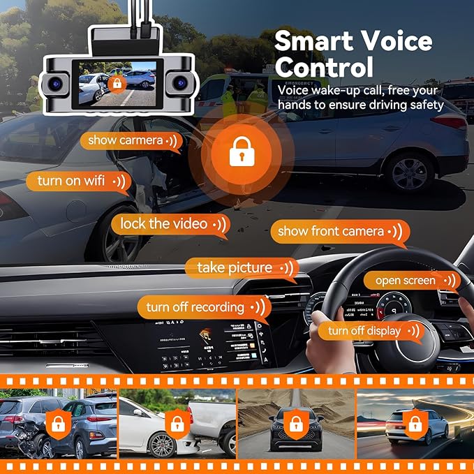 4K 360° DashCam for Cars,4 Channel Car Dash Cam Front and Rear Inside with 128GB Card Included,Voice Control,5.8G WiFi GPS,IR Night Vision, G Sensor, 24/7 Parking Mode &Loop Recording Dash Camera