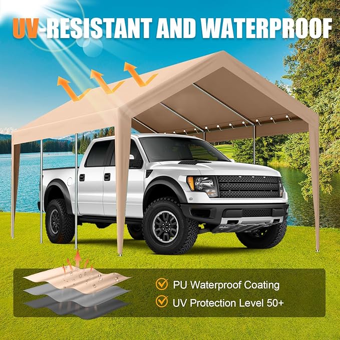 Carport Canopy 10'x20' Heavy Duty Replacement Cover, Beefull Carport Replacement Canopy for Car Garage, Waterproof & UV Protected Tarp with Ball Bungees, Beige(Frame is not Included)