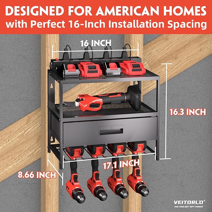 Veitorld Power Tool Organizer with Charging Station, Garage Tool Storage Organizer Built in 8 Outlet Power Strip with Drawers, 6 Drill Holder Wall Mount, Gifts for Men Dad Husband Him Fathers Day