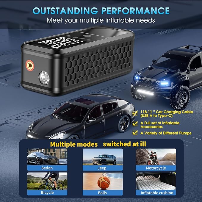 Tire Inflator Portable Air Compressor, 160 PSI Air Pump for Car Tires with Digital Pressure Gauge, Bike Tire Pump with LED Light Portable Tire Inflator for Car (Dark Gray)