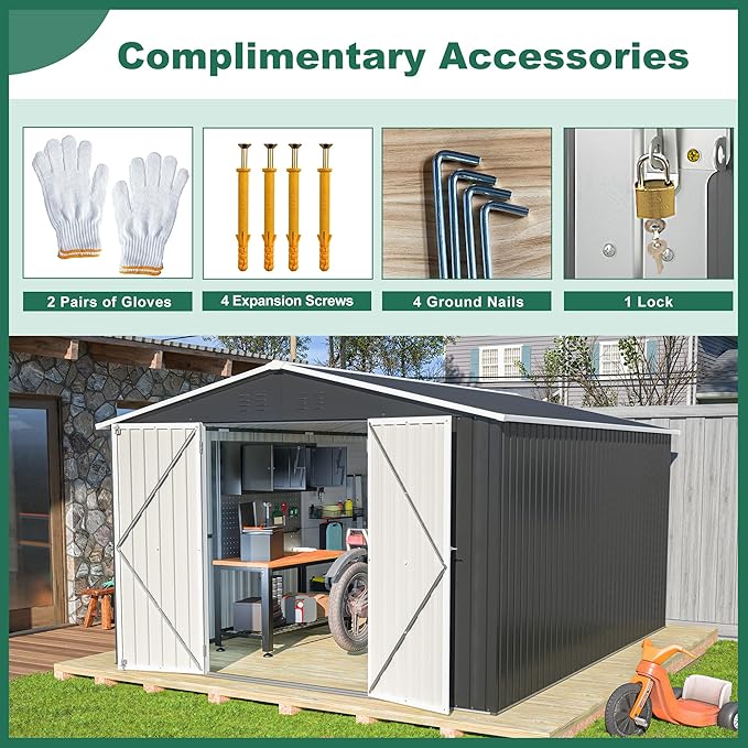 Outdoor Storage Shed 10x12 FT, Utility Metal Tool Storage with Lockable Doors and Updated Frame Structure, Large Metal Garden Shed for Backyard, Patio Lawn, Black