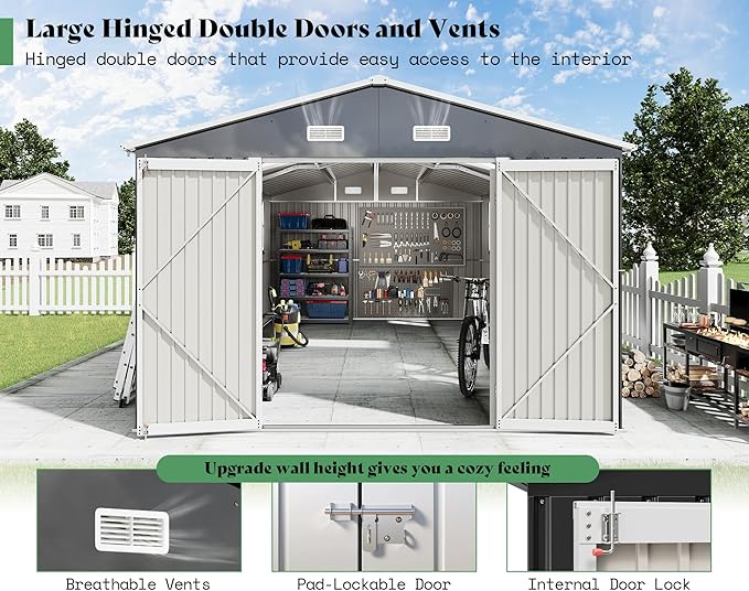 AMERLIFE 10x16.3x7 FT Galvanized Steel Storage Shed with Dual Transparent Panels, 4 4-Pane Windows & Hinged Double Doors, Outdoor Shed for Backyard, Garden, Patio, Dark Grey/White