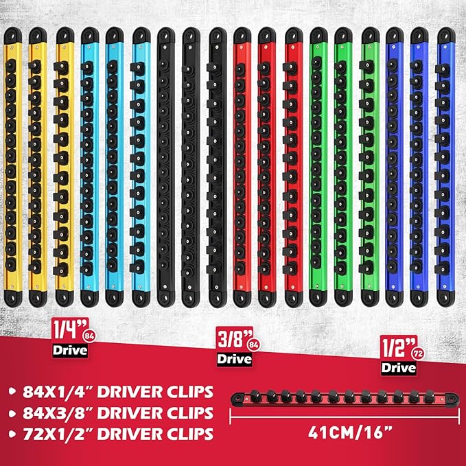 18-Piece Magnetic Socket Holder Organizer Set (Holds 240 Sockets), Heavy Duty 1/2, 3/8, 1/4-Inch Socket Racks Premium Quality Socket-Clip Rail Holder Aluminum Sockets Rack Kit for Tool Box Drawer