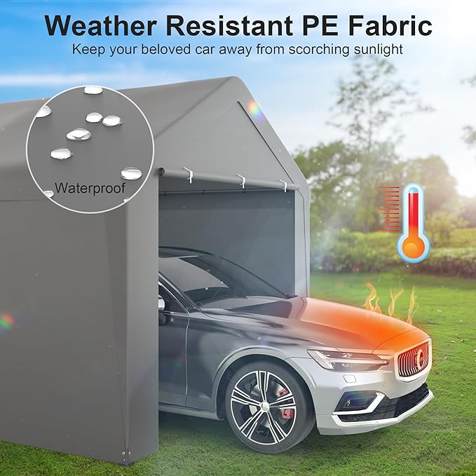 Carport, 10‘ x 20’ Heavy Duty Portable Garage All-Season Car Canopy w/Removable Sidewall & Doors, Carport Canopy Party Tent w/Water-Resistant Tarp for Backyard (Grey, 10‘ x 20’)