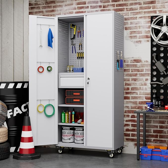 71" Metal Garage Storage Cabinet with 16 Hooks and Pegboards,1 Drawer Inside Rolling Tool Storage Cabinet with Adjustable Shelves,3 Metal Hanging Rod for Garage,Warehouse(Grey/White)