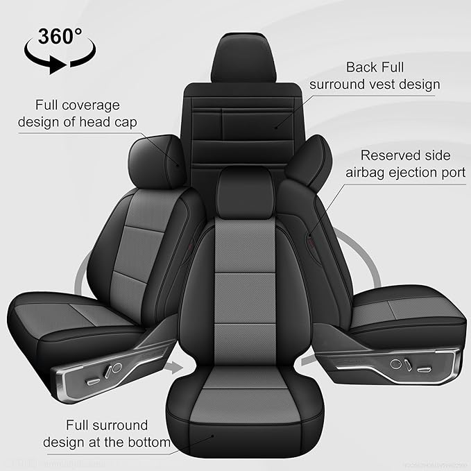 AOMSAZTO Front Seat Covers for Ford F150 XL XLT: 2015-2024 SuperCrew & F250 F350 F450 2017-2024 Super Duty Crew Cab XL XLT Faux Leather Full Set Seat Cover (Black + Grey, 2PCS Front)