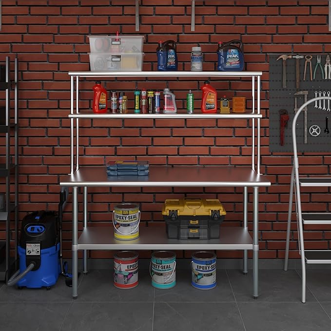 Amgood Stainless Steel Work Table Double Tier Overshelf | Metal Kitchen Prep Table & Shelving Combo (24" x 60" Work Table + 12" Overshelf)