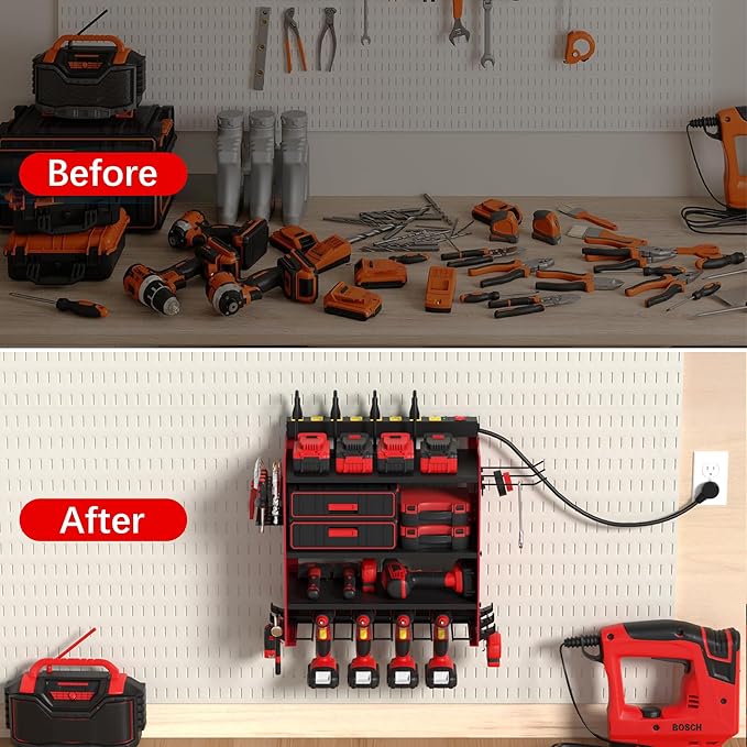 Power Tool Organizer Wall Mount with Charging Station - Heavy-Duty Cordless Drill Holder,Adjustable Tool Storage Rack for Garage,Workshop,Wall-Mounted Tool Organizer Gifts for Fathers Day