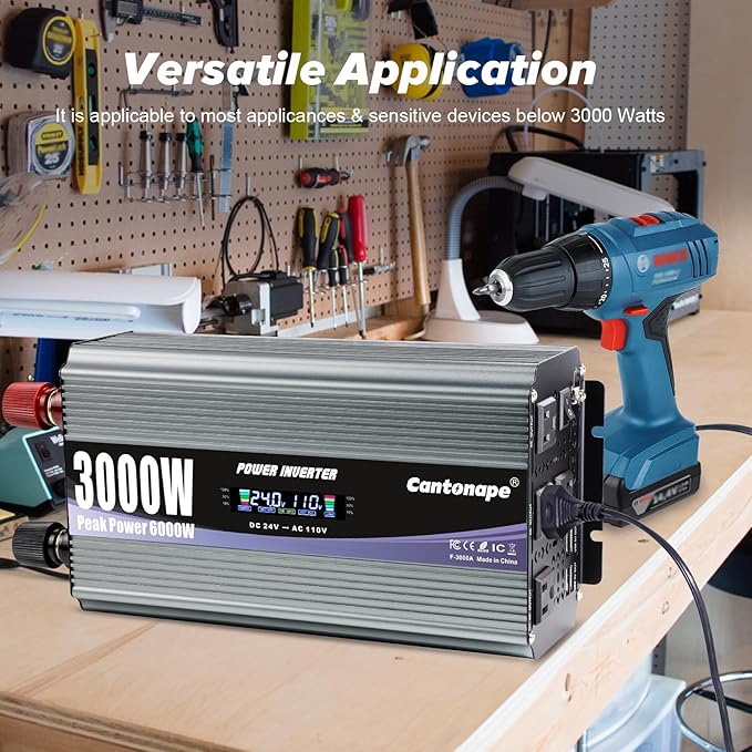 3000W Power Inverter 24V to 110V/120V DC to AC with LCD Display, Remote Controller and 4 x AC Outlets Car Adapter for Car Truck Boat RV Off Grid Solar System