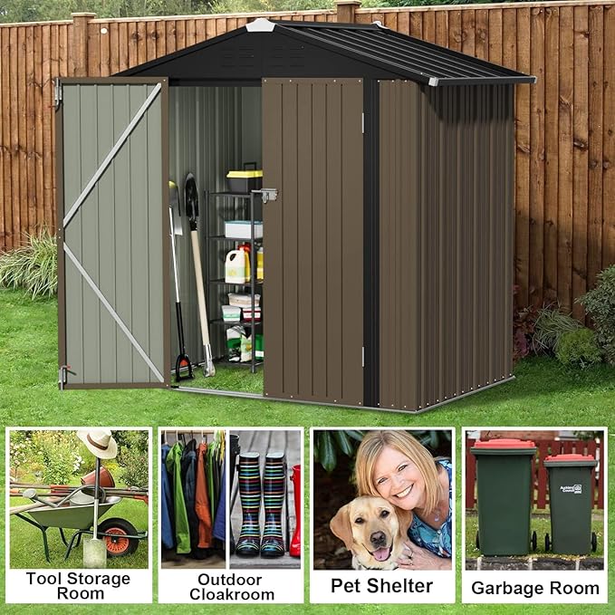 JUMMICO Metal Outdoor Storage Shed 6 x 4 FT Metal Shed with Lockable Door,Waterproof Garden Tool Shed Storage House for Backyard Patio Lawn,Brown