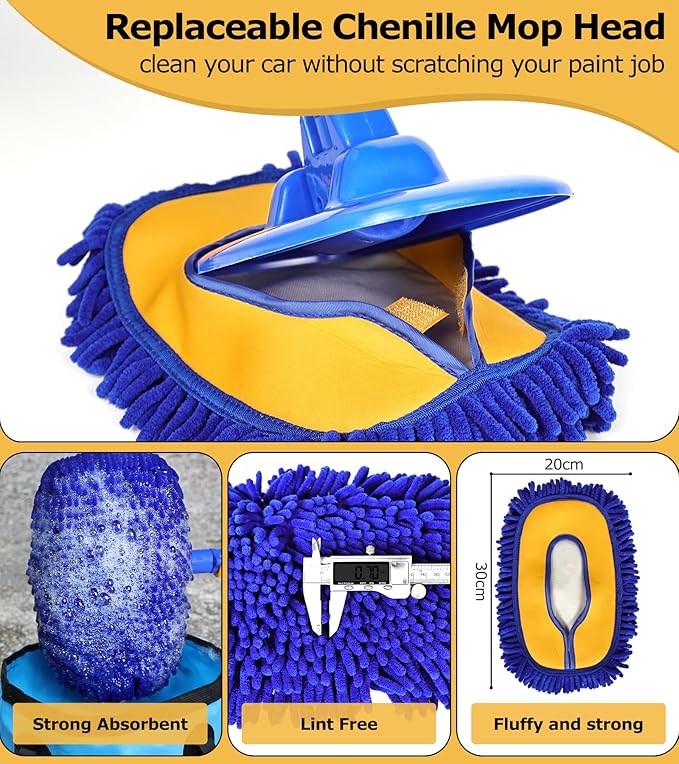 anngrowy 56.7" Car Wash Brush Mop Kit Mitt Sponge with Long Handle Car Cleaning Supplies Kit Tools Car Washing Duster Exterior Scratch Free, Chenille Replacement Head Extension Pole