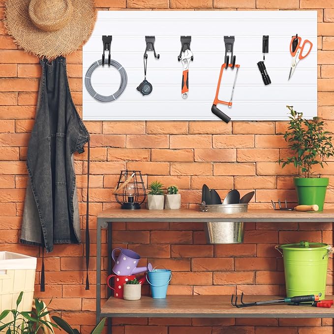 Landhoow 36 Pcs Slatwall Hooks & Hangers 32 Pcs Heavy Duty Slat Wall Hanging Hooks with 4 Pcs Storage Straps Assortment Slatwall Accessories for Storage Garage Wall Organization Garden Home (Black)