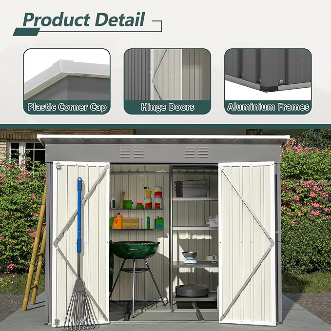 Outdoor Storage Shed, 8 X 4ft Metal Galvanized Steel Garden Shed with Floor Frame, Utility Tool Shed Storage House for Backyard, Patio, Lawn