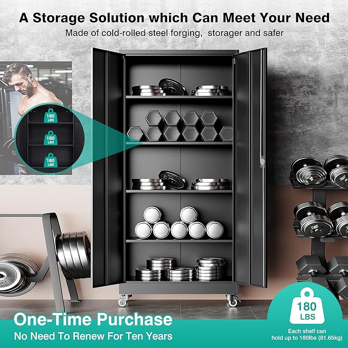 SISESOL Metal Storage Cabinet with Wheels,75 inch Tall Rolling Garage Storage Cabinet with Lock,Black Metal Cabinets with Wheels and Shelves,Deep Heavy Duty Tool Locker for Garage,Home,Office,Shop