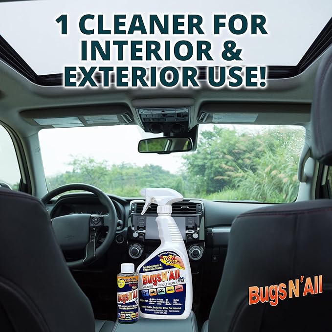 Bugs N’ All Multipurpose Car Cleaner & Degreaser - Bug & Tar Remover Concentrate 4 oz - Exterior Cleaner Safe for Car Paint, Metal, Chrome, Aluminum, Windows & Mirrors - w/Free 32 oz Spray Bottle