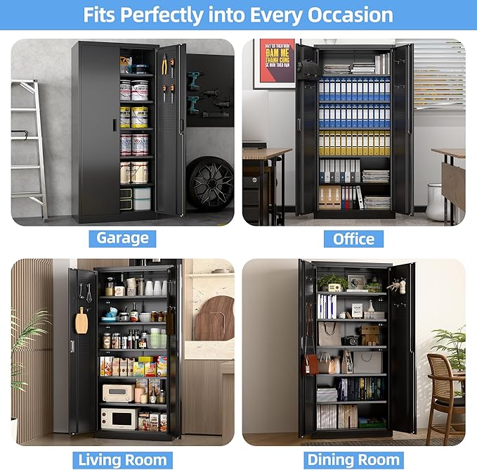 Metal Storage Cabinet with Pegboard 71'' x 34'' x 18'',Lockable Steel Storage Cabinet with 5 Adjustable Shelves and Door for Garage, Office, Kitchen, Assembly Required(Black)