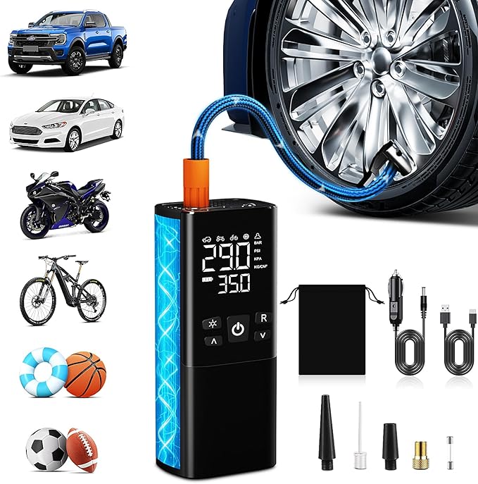 Tire Inflator Portable Air Compressor – Dual Power Mode, Built-in Battery & 12V Car Plug | Fast Inflation, Auto Shut-Off, Dual Pressure Display & LED Light for Cars, Motorcycles, Gifts for Men