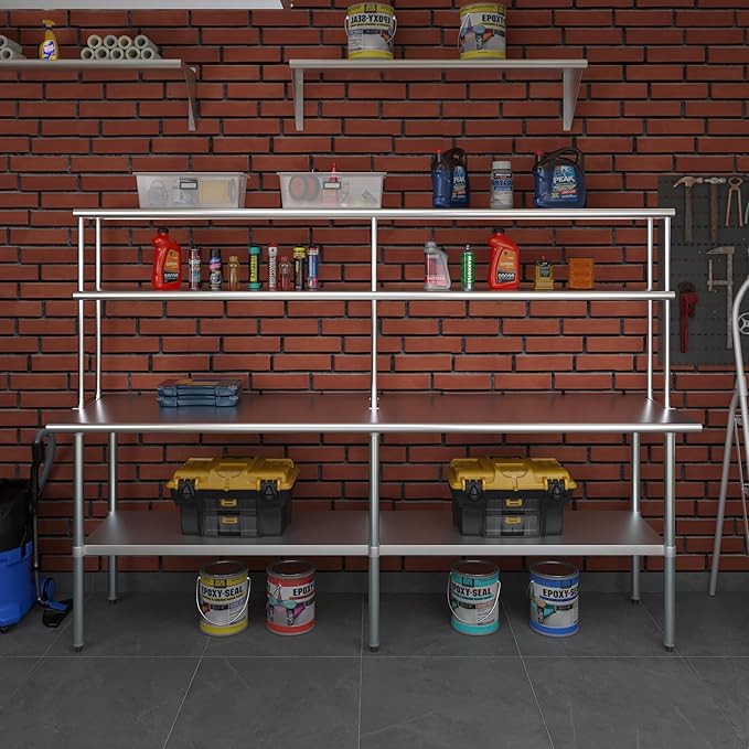 Amgood Stainless Steel Work Table Double Tier Overshelf | Metal Kitchen Prep Table & Shelving Combo (24" x 96" Work Table + 12" Overshelf)