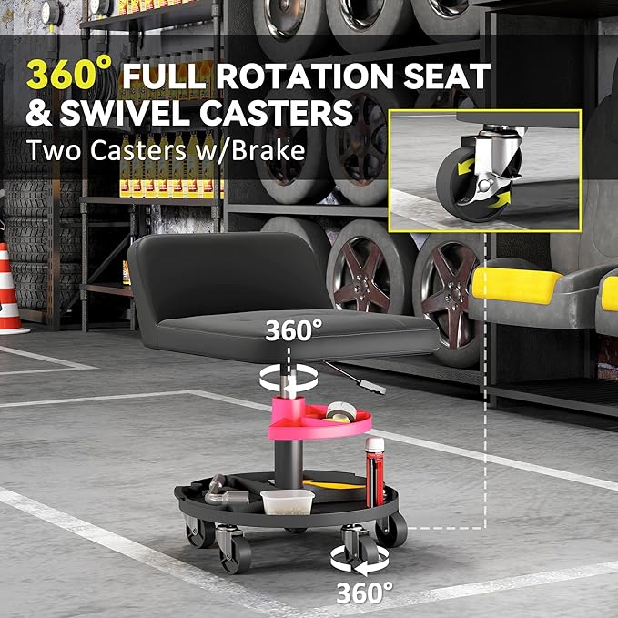 HOMCOM Rolling Mechanic Stool, 300 LBS Capacity Pneumatic Creeper Garage Stool with 360° Wheels, Backrest, Heavy Duty Roller Seat Padded Shop Chair with Tool Tray Storage, Adjustable Height, Black