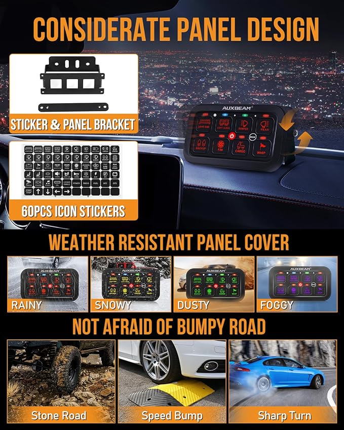 Auxbeam 8 Gang Switch Panel RA80 Toggle Momentary Pulsed RGB Dimmable Multifunction Switch Panel Easy Installation Marine Switch Pod IP65 Waterproof for Car Boat RV, 2 Years Warranty