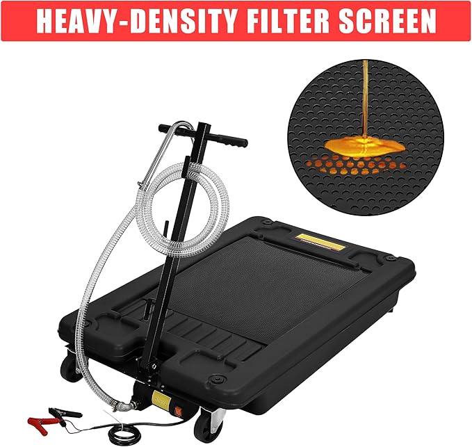 ‌17 Gal Electric Oil Drain Pan, Low Profile Mobile Oil Changing Pan with Hand Pump, 8 Ft Hose & Quick Drain Valve, Leak-Proof Design for Truck Car Motorcycle, Garage Workshop Use