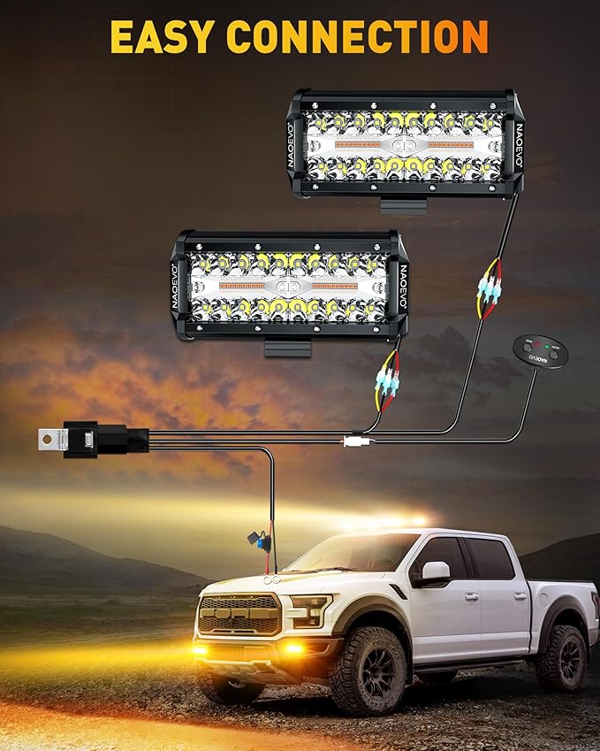 NAOEVO 7 Inch LED Light Bar, White Amber Offroad Fog/Driving Lights LED Pods with Strobe/Memory Function, 2 Leads Wiring Harness Included, Work for Truck Boat ATV UTV, 2-Pack (6 Modes)