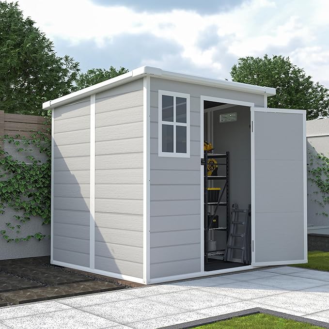 MyVoice 6x6 FT Outdoor Resin Storage Shed with HD Window, Rustproof Waterproof Garden Tool Shed, 12mm Thickened PP Panels, Large Capacity Outdoor Utility House for Backyard Patio (with Floor)