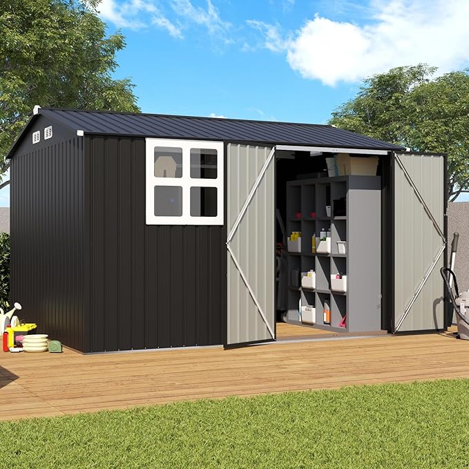 Verano Garden 10x8FT Outdoor Storage Shed, Large Galvanized Steel Metal Garden Shed with Window, Lockable Double Door, Outdoor Tool Shed for Backyard, Patio, Lawn(113.39"x98.03"x77.56")