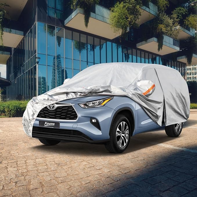 Kayme 6 Layers SUV Car Cover Custom Fit for Toyota Highlander (2007-2025) Waterproof All Weather for Automobiles, Outdoor Full Cover Rain Sun UV Protection.Silver