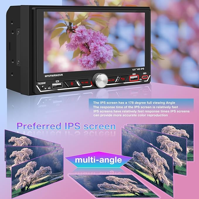 Wireless Apple CarPlay,Double Din Car Stereo,Bluetooth 5.2,FM AM Car Radio,HD 1280*600 Display,6.8" IPS Touchscreen,GPS Navigation,Android Auto,Backup Camera,MP5,Subwoorf,Type-C Fast Charging,Dual USB