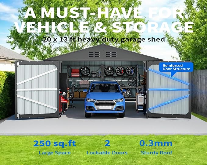 20x13 Metal Shed, Metal Garage Building with 2 Lockable Doors, Prefab Garage Shed with 4 Air Vents, Large Sheds & Outdoor Storage Clearance, Car Sheds for Truck, Tool, Lawnmower, Black