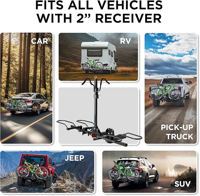 POLESTAR Hitch Mounted 2-Bike Rack, 200lbs Capacity Bike Rack Hitch with Lock, 2" Receiver Foldable Platform Mount for E-Bike, Up to 5" Fat Tire Bicycle and Standard, fit Car Trucks SUVs RVs Trailer
