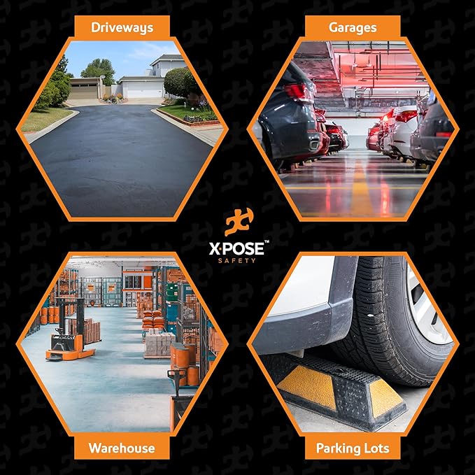 Xpose Safety 72" Heavy Duty Rubber Parking Stopper – Bulk Full Pallet 50 Pack Wheel Blocks for Garage, Driveway, or Ramp – Car Bumper Stop with White Reflective Strips – Removable Floor Mount