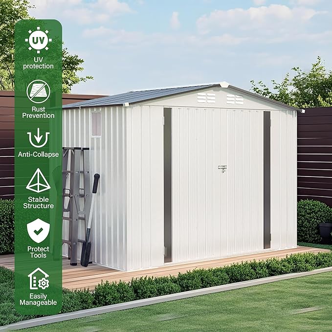 ARMSET 8x6 FT Metal Outdoor Storage Shed for Backyard, Patio, and Garden - Heavy Duty Tool Shed with Lockable Door & Side Window, Waterproof Galvanized Steel Storage Building for Bike and Tool Storage