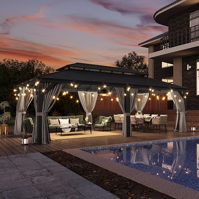 Aoxun 12' X 24' Hardtop Gazebo with Drainage System, Aluminum Outdoor Gazebo with Galvanized Steel Double Roof, Patio Permanent Metal Pavilion with 20 inch Ceiling Fan, for Garden, Deck, Grey
