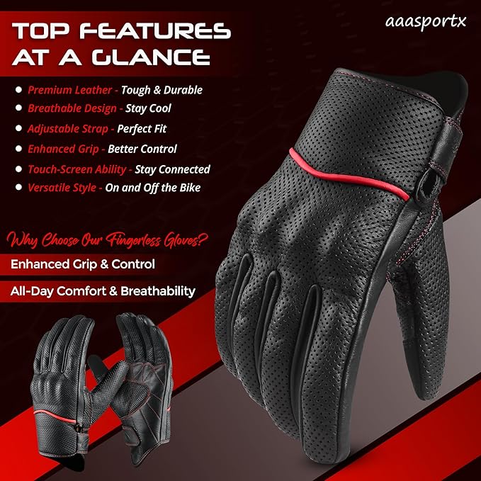 aasportx Motorcycle Gloves - Men's Leather Motorbike Gloves with Touchscreen Function - Non-Slip Pads for Men & Women