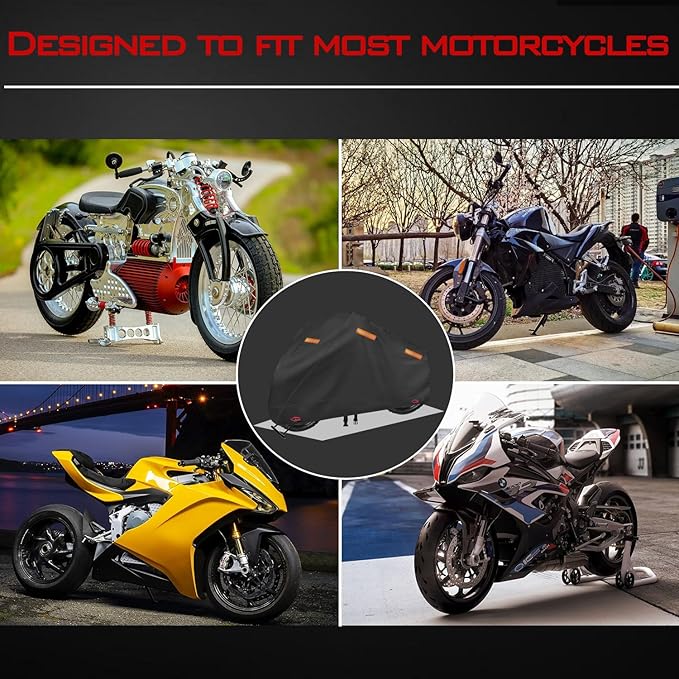 Motorcycle Cover, Heavy Duty 600D Oxford, Waterproof Outdoor, Weather Resistant, Rip-Proof, Anti-UV with 5 Reflective Strips, 2 Lock-Holes, 1 Windproof Strap, 1 Storage Bag (97.5" x 41" x 50")