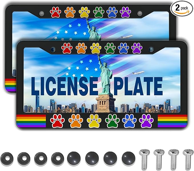 License Plate Frames for Women Multicolor License Plate Holder for Men Gay Rainbow Paw Universal Aluminum Car Accessory 2 Pack with Screw Covers Set