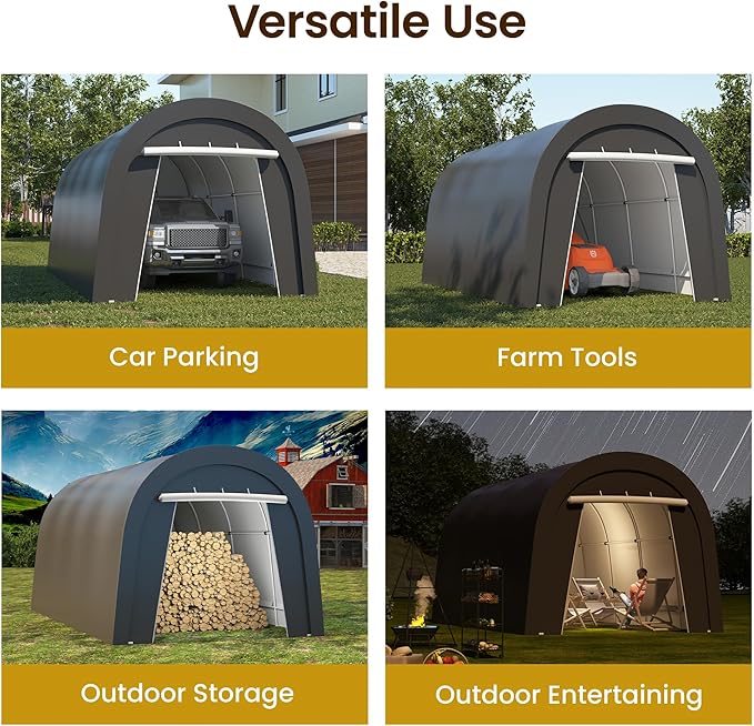 Kiss the Water Carport, Round Portable Garage, Steel Heavy Duty Carport with Ground Stakes, Tensioner and 2 Roll Up Windows PE Fabric Car Port, Garage, Storage Shed, Tent for Storage, SUV (10x20 Ft)