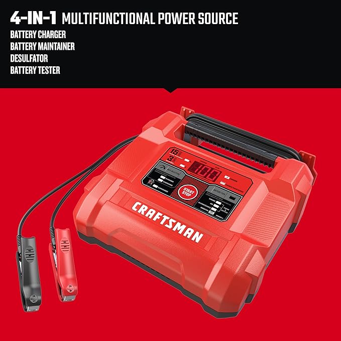 CRAFTSMAN Battery Charger and Maintainer, CMXCESM162, 4-in-1, Fully Automatic, Battery Tester, 15 Amps, 6 Volt, 12 Volt, for Car, SUV, Truck and Marine Batteries